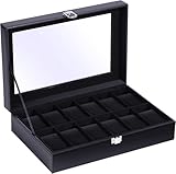 Ohuhu Uhrenbox mit 12 Fächern, Watch Box Uhren Aufbewahrungsbox mit Glasdeckel, Uhrenkasten aus PU Leder und Samt Innenfutter, Geschenkidee für Geburtstag Vatertag Weihnachten