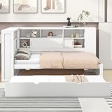 Ctastay Kinderbett Einzelbett 90x200 mit USB-Anschluss, Bett Jugendbett Holzbett mit Stauraum Staufach & Ausziehbares Rollbett, Familienbett Gästebett Tagesbett mit Lattenrost, Ohne Matratze (Weiß)