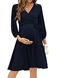 KOJOOIN Damen Umstandskleid V-Ausschnitt 3/4 Ärmel Stillkleid Rüschen Schwangerschafts Kleider mit Gürtel DunKelblau(3/4 Ärmel) L