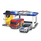 Dickie Toys - Rescue Auto-Station für Kinder ab 3 Jahre (31x22 cm) mit 2 Spielzeug-Autos (Polizeiauto & Feuerwehrauto), Feuerwehr- & Polizeistation mit Licht & Sound, inkl. Batterien