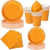 Nkaiso Pappteller Orange, 50 Stück Partygeschirr Set Bunt Pappteller mit Einweg Papierteller, Servietten & Becher für Kindergeburtstag, Grillfeste, Picknicks und Feiern