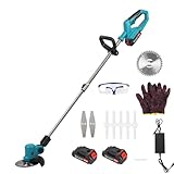Napacoh Akku Elektro Rasentrimmer, 3 in 1 Multifunktionales Handgeführter Trimmgerät, D-förmiger Griff 2 Räder Rasenmähmaschine Inklusive Batterie und Ladegerät (Blau 21v)