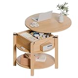 ELUCHANG Couchtisch Rund mit Hebeplatte, Couchtisch Höhenverstellbarer 2 in 1, Beistelltisch Wohnzimmertisch mit Verstecktem Ablagefach Stauraum, Offenem Fach, für Wohnzimmer/Büro, 60x60cm, Eiche