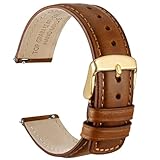 WOCCI 20mm Uhrenarmband für Herren und Damen, Echtes Leder - Top Genarbtes Leder, Schnellverschluss, Goldene Schnalle (Goldbraun)