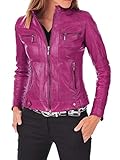 Damen Lederjacke Stylisch echtes Lammfell Motorrad Bomber Biker 64, dunkelrosa, Small