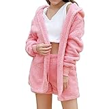 Pyjama Damen Warmer Plüsch Schlafanzug | Hausanzug Damen Kurz 3-Teiliges Weiches Sleepwear Mit Pyjamajacket | Cami and Shorts Set Nachtwäsche Frauen Mantel Einfarbig Sets Spitze Loungewear M-3XL
