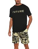 Nieery Schlafanzug Herren kurz Baumwolle Sommer PyjamaSet Bedrucktes Kurzarm T-Shirt und Schlafanzughose Shorts mit Camouflage Muster