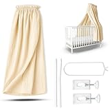 Betthimmel Babybett Set – Musselin Stoff mit montierter Himmelstange – Baldachin für Babybett zum Anklemmen – Himmelbett Vorhang & Kinderzimmer Deko in Creme oder Hellgrau (130 cm)