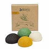 BlueFox I Konjac Schwamm 4er Set mit Bambuskohle, Grüner Tee, Kurkuma, Körper-, Gesichtsschwamm, Gesichtsreiniger gegen unreine und fettige Haut, Mischhaut, aus biologischem Anbau, nachhaltig
