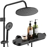 HOMELODY Regendusche Duschsystem mit Badewannenarmatur Glasablage, Schwarz Handbrause mit 4 Funktionen, 360° drehbarer Auslauf, Badewannenarmaturen mit Duschbrause, Mischbatterie zur Wandmontage