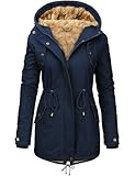 Nadeer Damen Jacke Winter Lang Warm Gefüttert Winterparka Funktionsjacke Steppjacke Wintermantel Langarm Hoodie Kapuzenpullover(Marineblau,XL)