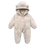 QJDFLL Neugeborenes Baby Mädchen Junge niedliche feste lange Ärmel Cartoon Ohr Fleece füßig mit Reißverschluss Strampler warme Overall Outfits(Beige,3-6 Months)