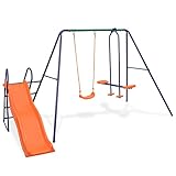 ShGaxin Schaukelset mit Rutsche und 3 Sitzen, Schaukelgestell, Schaukel Outdoor Mit Gestell, Doppelschaukel, Gartenschaukel, Draußen Schaukeln, Orange
