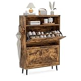 BonVache Schuhschrank Schmal, Schuhregal mit 2 Klappen, Schuhkipper mit 4 Ablageflächen, Schuhkommode mit offenem Stauraum, Schuhaufbewahrung Holz, 80x24x113,5 cm, Braun