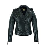 Leatherick Damen Motorradjacke aus Leder, mit Reißverschluss, mehrere Taschen, Schaffell, Schwarz, Schwarz , 50