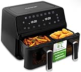 NutriChef Airfryer, Heißluftfritteuse, 8.3L -Aerogrill, Fritteuse mit 2 Fächer & 9 Kochprogramme, Spülmaschinenfeste Körbe, Antihaftbeschichtet, Rapid Air, max 360°C, Luftgrill ohne Öl, Schwarz