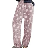 Hose für Damen, Plüsch, Pyjama-Hose, niedlicher Sternendruck, elastische Taille, Baggy, Damen-Pyjamahose, lockere Passform, gerades Bein, Leggings, für den täglichen Gebrauch, 1 x Violett, M