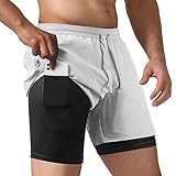 NIMOJIRO 2-in-1-Laufshorts für Herren, Workout, athletisches Training, Fitnessstudio, Outdoor-Sport-Shorts, Hellgrau, Mittel
