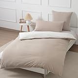 Nesture Bettwäsche 135x200 Baumwolle Beige/Weiß - Bettwäsche-Sets 2teilig Weich, 100% Gewaschene Baumwoll, Enthält 1 Bettbezug 135 x 200cm und 1 Kissenbezug 80x80 mit Reißverschluss