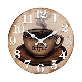 Küchenuhr Wanduhr mit Kaffee Motiv Retro Vintage Lautlos Hartglas Wanduhren für Küche, Cafe, Kaffeebar Deko – 30cm, Braun