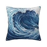 2er Set Kissenbezug 50x50 cm Leinen Dekokissen Kissenbezüge Blau Meereswelle Outdoor Kissen Sofakissen Zierkissen Kissenhülle Couch Kissen Deko für Sofa Balkon Terrasse Patio Garten Bauernhaus -LY538