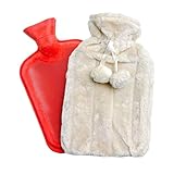 Wärmflasche. Wärmflasche mit Bezug. Wärmbeutel für Rücken, Lendenwirbelsäule, Bauch, Hände.(1,6L). Weicher Plüschbezug mit Pompons, Waschbare und Abnehmbare Bezüge.