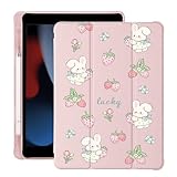 Cute Kawaii Bunny Strawberry for iPad Air 11 Inch Case M2 2024 (6th Generation) with Pencil Holder, Auto Sleep/Wake, Pink Leather Soft TPU Back Cover
