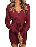 Vancavoo Strickkleid Damen Pulloverkleid V-Ausschnitt Elegant Langarm Pullover Winterkleid Strickpullover Kleid Bodycon Minikleid Sexy Rückenfrei Tunika Kleid Mit Gürtel für Herbst Winter,Rotwein L