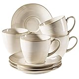 MÄSER Serie Nottingham, Vintage Kaffeetassen Set für 4 Personen, Untertassen mit unregelmäßigen Rundungen im Retro Look, Steinzeug, Beige