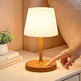 PreeOtti LED Tischlampe Kabellos, Nachttischlampe Touch, Tischlampe Kabellos Akku mit Stufenlos Dimmbar & Memory Funktion, Touch Nachttischlampe Dimmbar für Schlafzimmer, Café, Outdoor, Holzmaserung