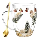 Weihnachtsglastasse,Klar Doppelwandige Gläser,Kreativ Weihnachtsmann-Rentier Weihnachtskaffeetasse mit Henkel, 350ml Transparent Teeglas für Cappuccino,Latte Macchiato,Milchkaffee,Tee (Rentier)