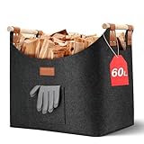 Ezilif Holzkorb für Kaminholz Groß XL, Kaminholzkorb mit Doppelt Verstärkten Leder, 60L Brennholzkorb aus Filz, Filzkorb Kaminholz mit Fronttasche, Faltbarer Korb für Kaminholz 45x32x40cm