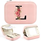 Initiale Schmuckkästchen Klein Reise Schmuckkästchen mit Buchstaben, Reise Schmuckkästchen mit Spiegel, Geschenke für Frauen Mama Mädchen, Geschenke für Geburtstage, Jubiläum, Valentinstag(L)