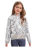 inhzoy Unisex Kinder Glänzende Pailletten Jacke Langarm Glitzer Bomberjacke Mit Reißverschluss Sport Freizeitjacke Streetdance Hip Hop Jacke Silber_A 158-164