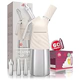 ISI Creative Whip Premium Sahnespender 500ml, Ivory White, aus Edelstahl, inkl. 3 Edelstahltüllen & 60 Sahnekapseln Sahnespender für Sahne, Dessert & Herzhaftes, Spülmaschinenfest