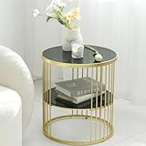 Cagnolier Runder Glas Beistelltisch & Nachttisch,Sofa Tisch,couchtisch rund Glas,klein beistelltisch,Telefontisch,Wohnzimmer Side Table,2-stufiger Couchtisch mit Metallring,Ø45x50cm (Schwarz)