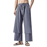 Generisch Herren Leinenhose Sommerhose Einfarbig Leinen mit Kordelzug Straight Regular Fit Lockere lässige Sporthose Lang Freizeithose Beige Weite Hose Herren Schlupfhose Herren Senioren
