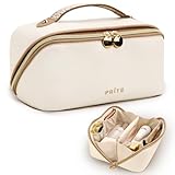 Prite Große Kapazität Kosmetiktasche Tragbare Reise Make Up Tasche wasserdichte PU-Leder Schminktasche oder Kulturbeutel mit Transparente Trenner und Griff(Beige)