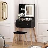 YU YUSING Schminktisch mit LED-Beleuchtung Spiegel 3 Farben, Schminktisch mit Stuhl, Frisiertisch Kosmetiktisch mit 3 Schubladen 5 Regale, 60cm Frisierkommode Make Up Dressing Vanity, Modern, Schwarz
