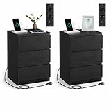 VASAGLE Kailyn Kollektion - Nachttisch mit Steckdosenleiste, 2er Set, Beistelltisch, 3 Schubladen, 2 AC-Steckdosen, 2 USB-A-Anschlüsse, modern, ebenholzschwarz LET831B56