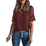 Einfarbige Bluse mit Rundhalsausschnitt, Polyester-Baumwolle, Elegantes Spitzen-Kurzarm-T-Shirt für Damen, Stilvoll, Atmungsaktiv für den Urlaub (XXL)