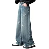 Jeans Mädchen Baggy Straight Denim Hosen Kinder Vintage Lang Denim-Jogginghose Mit Blumenstickerei Teenager Lässig Locker Jeanshose Y2K Fit Freizeithose Stretch Denimhose (Blue-a, 13-14 Years)