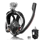 Schnorchelmaske für Erwachsene, Tauchmaske - CO2 Sichere Schnorchelset Erwachsene, Doppelrohr-Tauchermaske Vollgesichtsmaske mit Sportkamerahalterung (Schwarz, L/XL)
