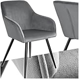 tectake® moderner Esszimmer Stuhl mit Armlehnen, Sitzfläche aus Samt, Armlehnstuhl, Sessel Wohnzimmer, gepolsterter Office Chair mit schwarzen Metallbeinen, Schminktisch Stuhl - grau/schwarz
