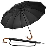 NINEMAX Regenschirm Groß Sturmfest,Stockschirm mit Holzgriff füR Herren Damen,Stabiler 12 Knochen Regenschirm Automatik für 2 Personen (Schwarz)
