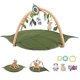 Spielbogen Baby, Krabbelmatte mit Spielbogen Blattförmig mit 5 Sensorischen Spielzeugen, Extra Weiche Baby Spieldecke 0-6 Monate, Meilensteinkarten Baby, Neugeborenes Baby Geschenk