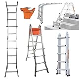 Hooha Mehrzweckleiter 5M 4x5 Teleskopleiter 4 in 1 Alu Multifunktionsleiter Klappleiter, Anlegeleiter Bockleiter Schiebeleiter Beidseitige Steh & Treppenleiter 150KG Tragkraft für Den Innen