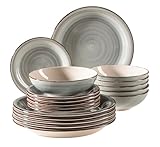 MÄSER 931875 Bel Tempo II, Teller-Set für 6 Personen im modernen Vintage Look, 18-teiliges Tafelservice, handbemaltes Keramik-Geschirr Service, Steingut, rauchblau
