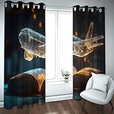 Goldene Linienkunst Flugzeugmodell Verdunkelungsvorhänge für das Studium Futuristisch über offenes Buch Design Fenstervorhänge für das Innenministerium 2 Paneele B96xH114cm