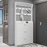ksxnkhk Moderner, schmaler Schuhschrank mit 3 Klappschubladen und Garderobenständer, 2-in-1-Garderobenschrank mit 6 Haken, freistehender Organizer für Eingangsbereich und Flur, Weiß, 84 x